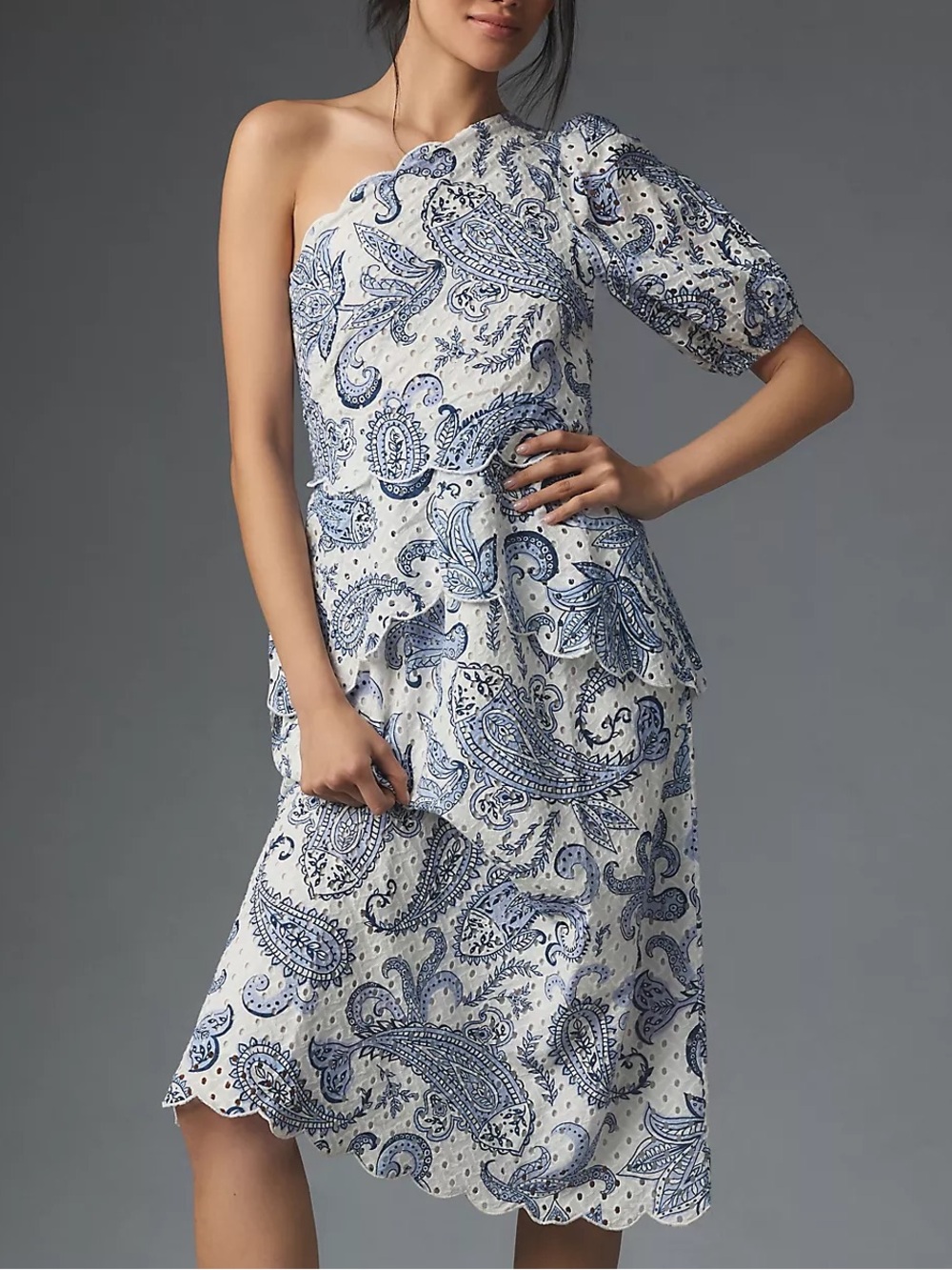 FARM Rio x Anthropologie White/ Blue One-Shoulder Eyelet Midi Dress Small Beachy